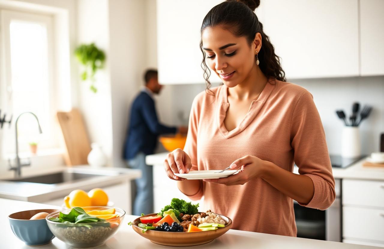 Woman preparing a balanced plate with vegetables, protein, and whole grains